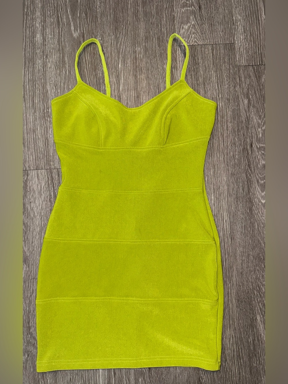 A1011 Vtg Y2K Peep Neon Lime Green Bandage Bodycon Mini Dress Sweetheart Party L